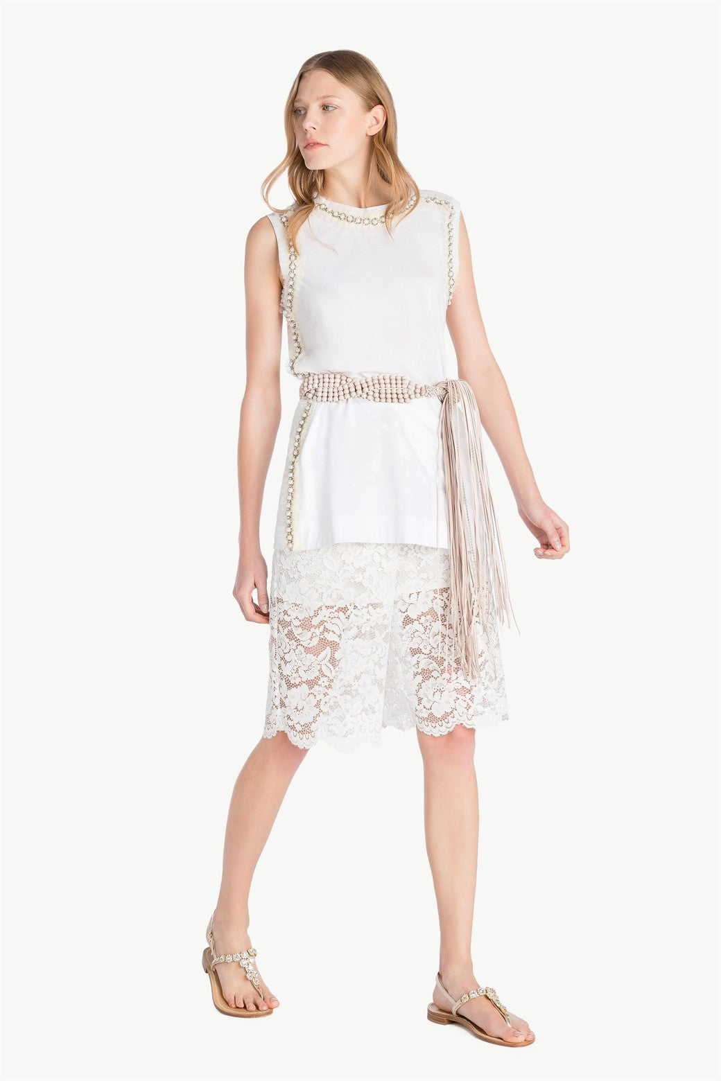 TWINSET TANK TOP WITH PEARLS TS829W WHITE