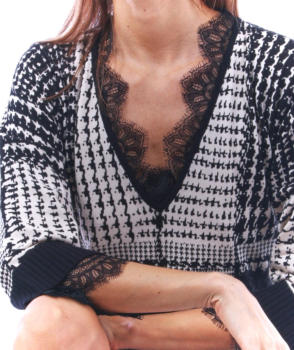 TWINSET WOMEN'S SHORT DRESS IN PRINTED LACE KNIT 212TT3241 SNOW BLACK