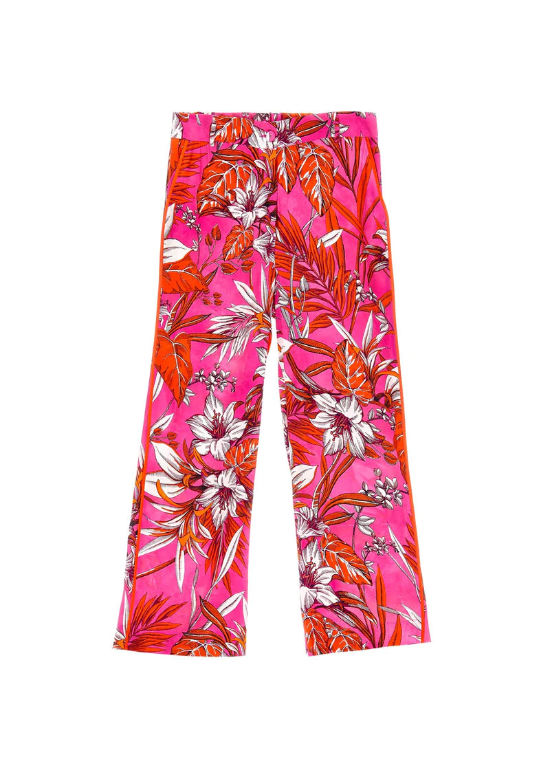 Shirtaporter Seidenhose mit Hibiskus-Print TR3065, Rosa, Fuchsia und Orange