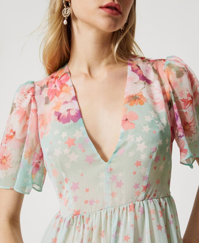KURZES TWINSET-KLEID AUS KREPON MIT BLUMEN UND STERNEN 231TP2732 ROSA AZALEENGRÜN