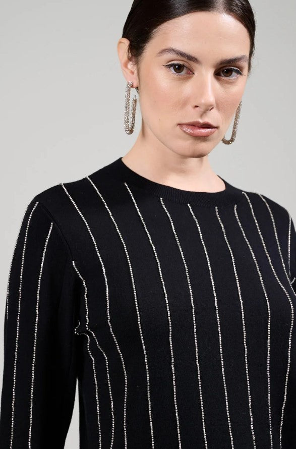 KAOS FASHION CREW NECK SWEATER WITH RHINESTONE PI1NT054 BLACK