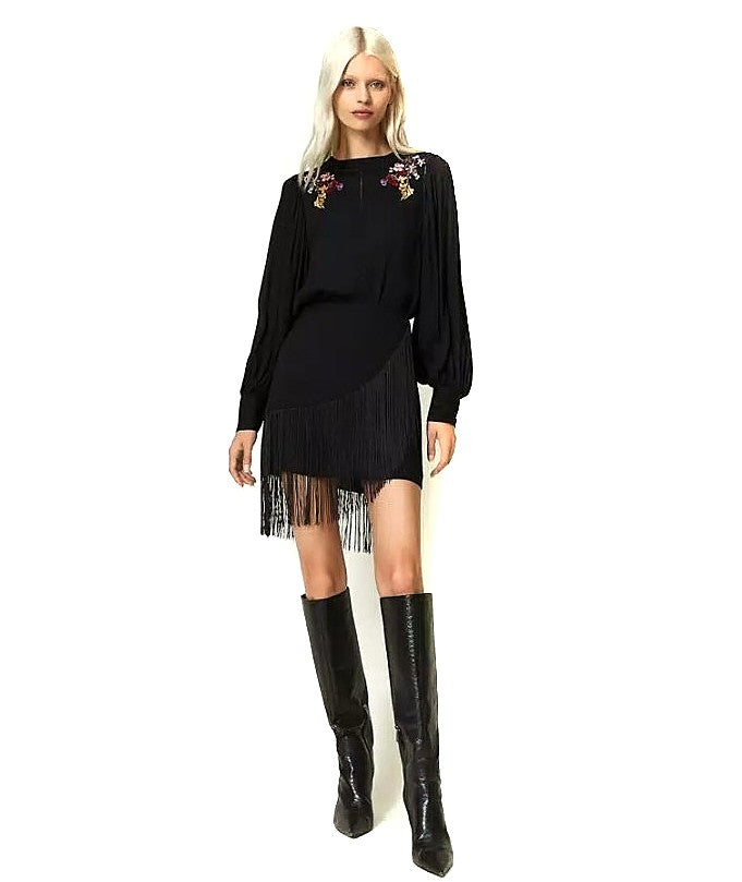 TWINSET CRÊPE MINIROCK MIT FRANSEN 232TT2252 SCHWARZ