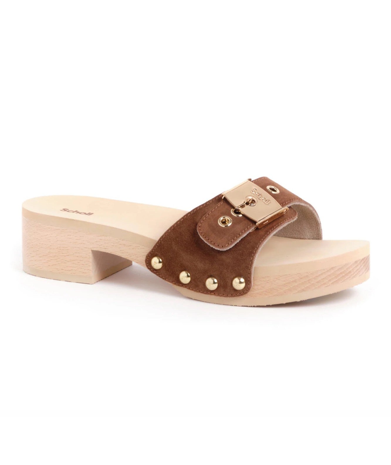 SCHOLL WOOD AND SUEDE CLOGS PESCURA JANE F314401175 COGNAC