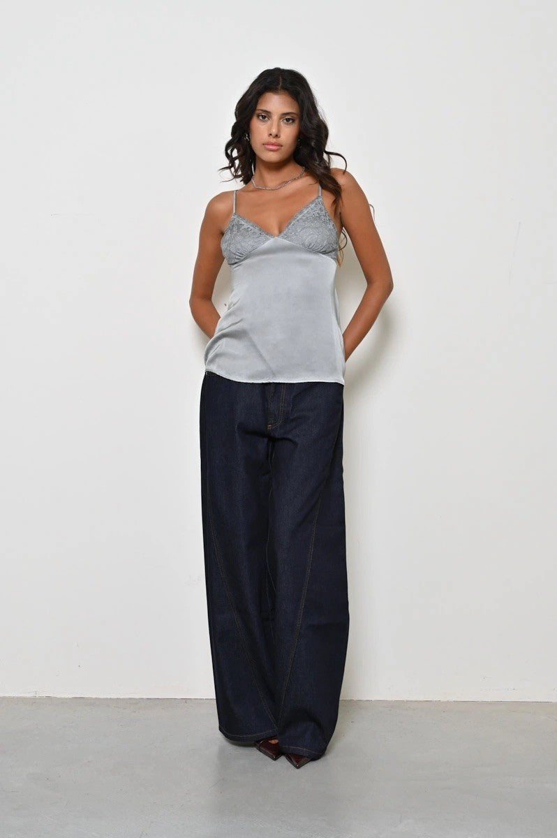 KAOS JEANS TOP MAL DYED EFFECT WITH LACE INSERT QIJAR004 GREY