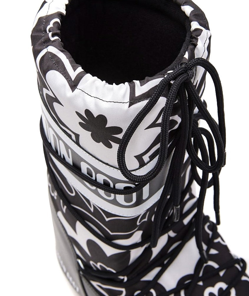 MOON BOOT ICON HIGH BOOT WITH FLORAL PATTERN 80D1402940 BLACK WHITE