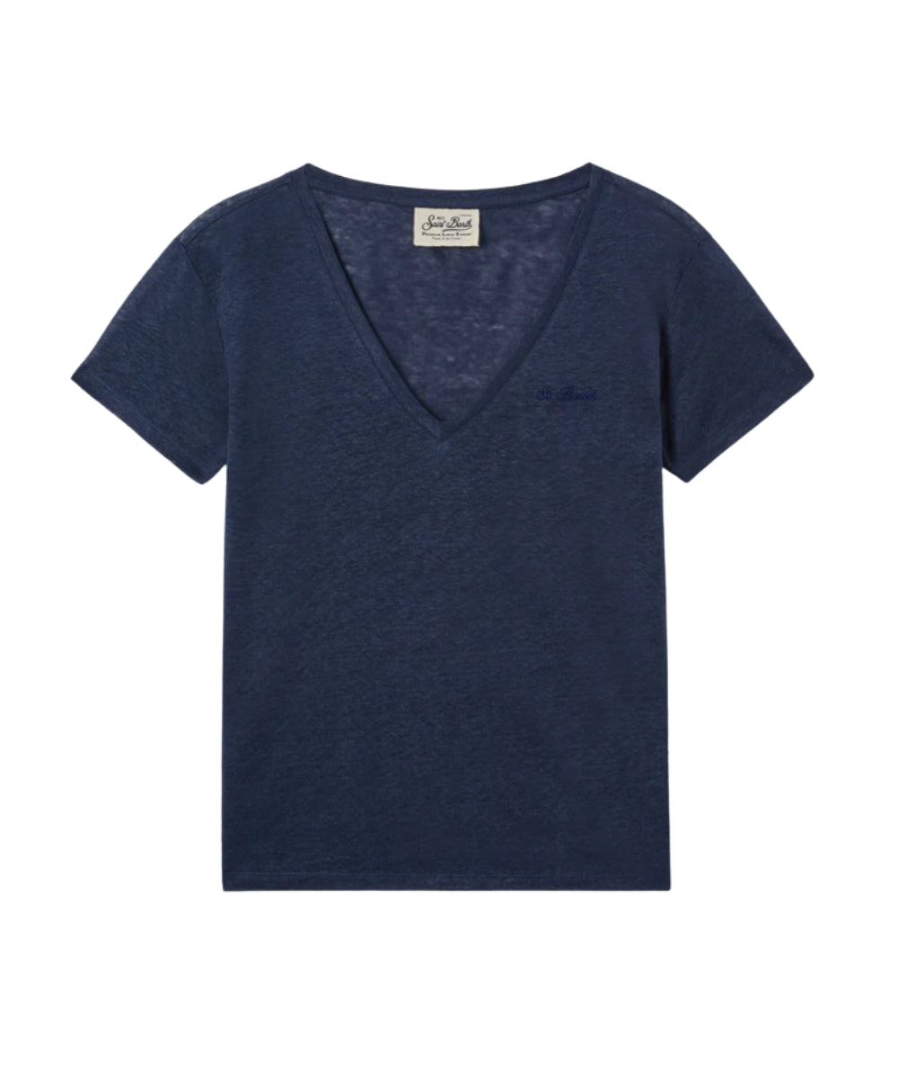 MC2 Saint Barth T-shirt con Scollo a V in Lino Eloise ELOI001 Blu