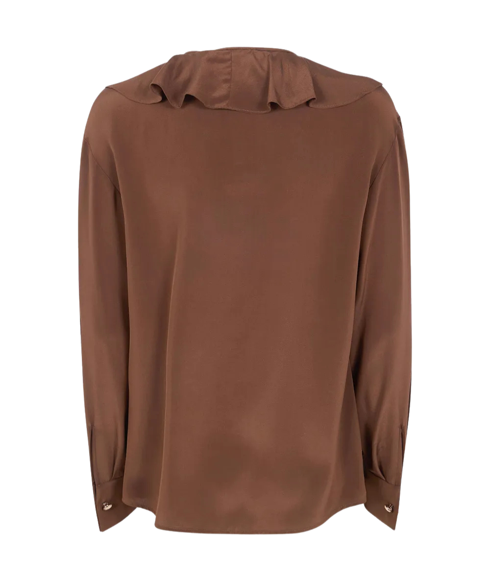 Max Mara Studio Camicia in Seta con Volant sul Davanti EPICA Marrone