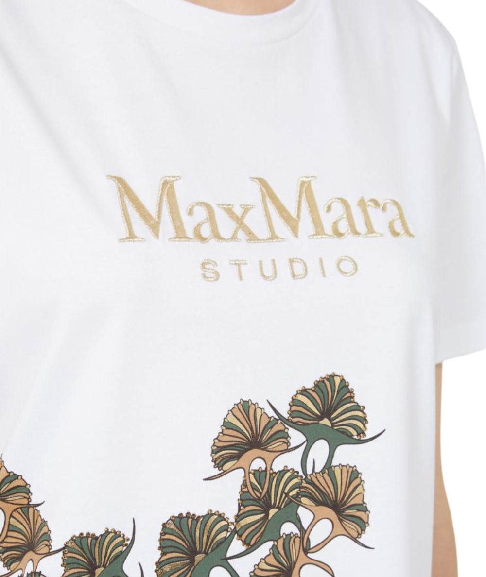 Max Mara T-shirt in Cotone con Stampa Piante Piacere Bianco