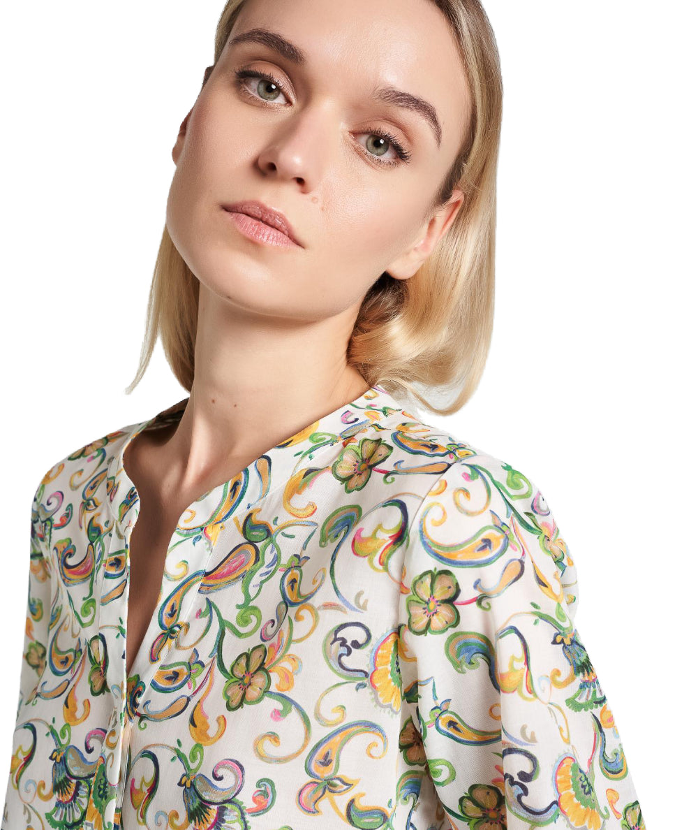 Mondrian Venezia Camicia Coreana Scollo V in Mussola di Cotone a Fantasia Paisley Multicolore