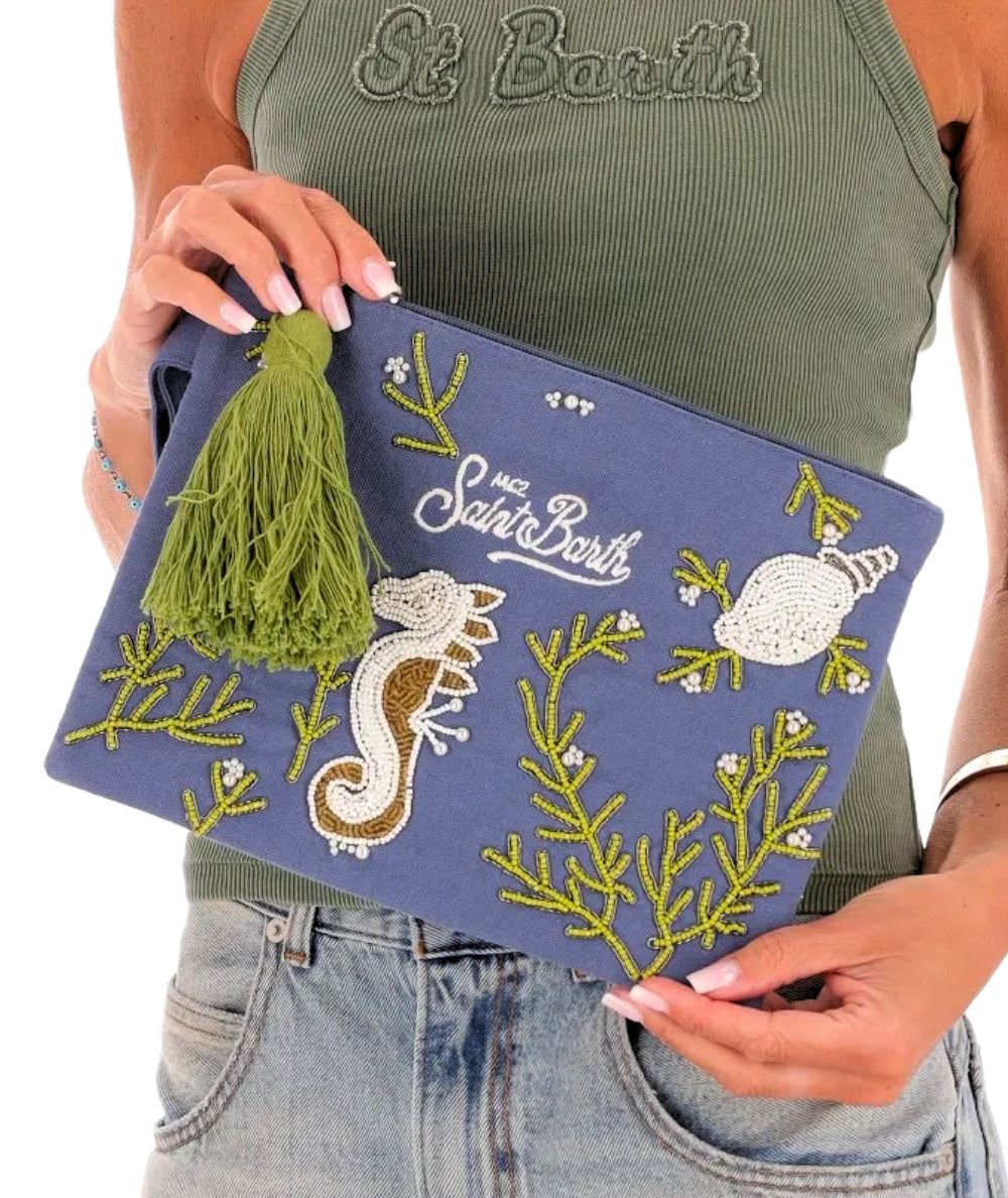 MC2 Saint Barth Pouch con Perline Ricamate Coral Seahorse POU0002 Blu