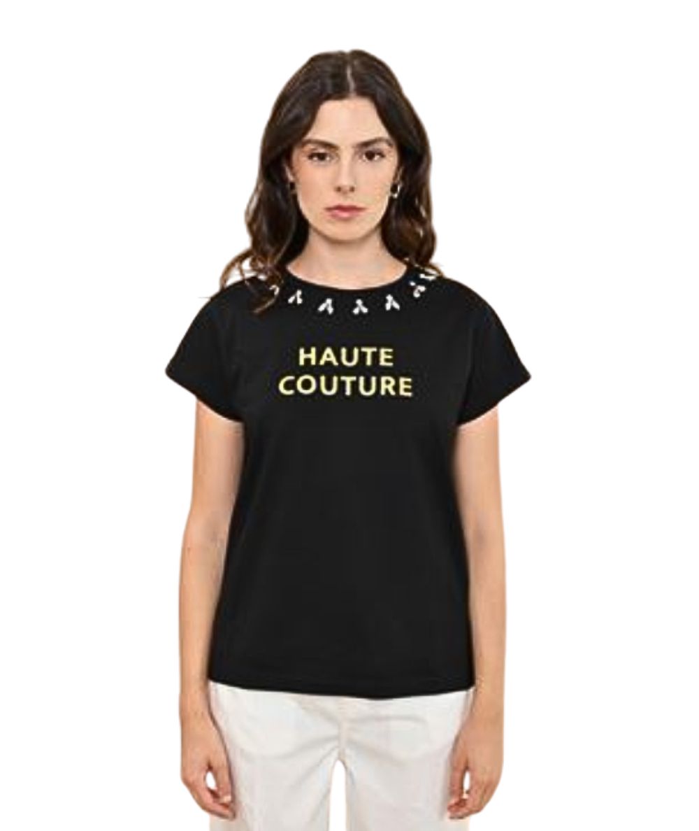 Kaos Jeans T-Shirt in Cotone con Applicazioni Gioiello RPJBR006 Nero