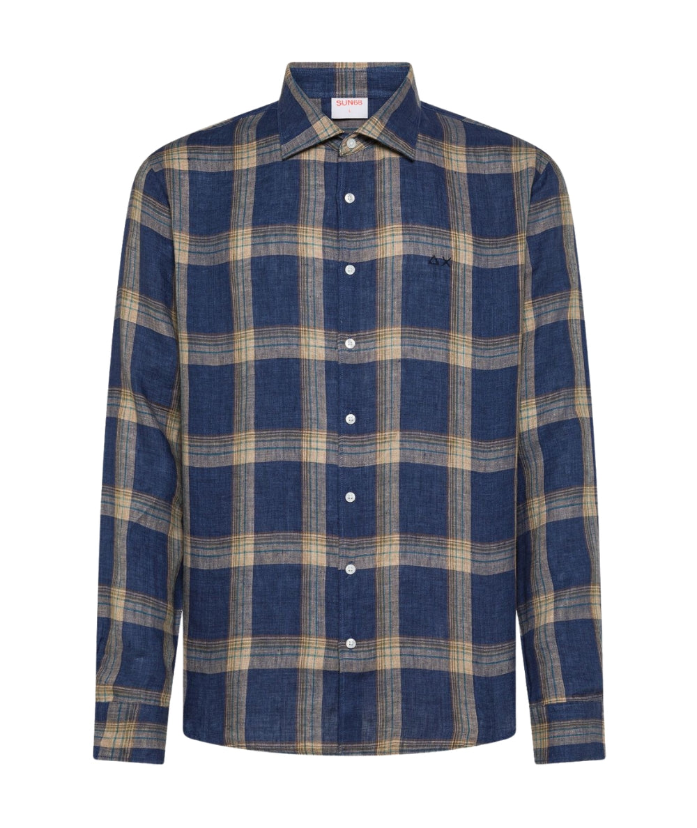 Sun68 Camicia in Lino con Fantasia Check S36113 Blu e Beige