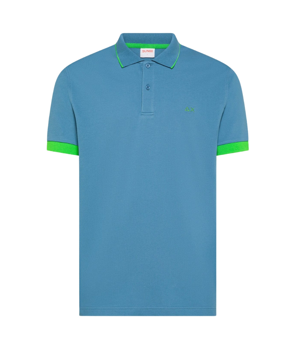 Sun68 Polo in Cotone Piquet con Profilo Fluo A36120 Azzurro Avio