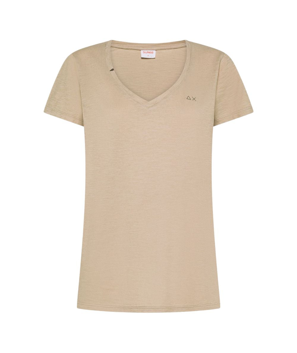 Sun68 T-shirt A Maniche Corte in Lino Jersey Scollo a V T36234 Beige