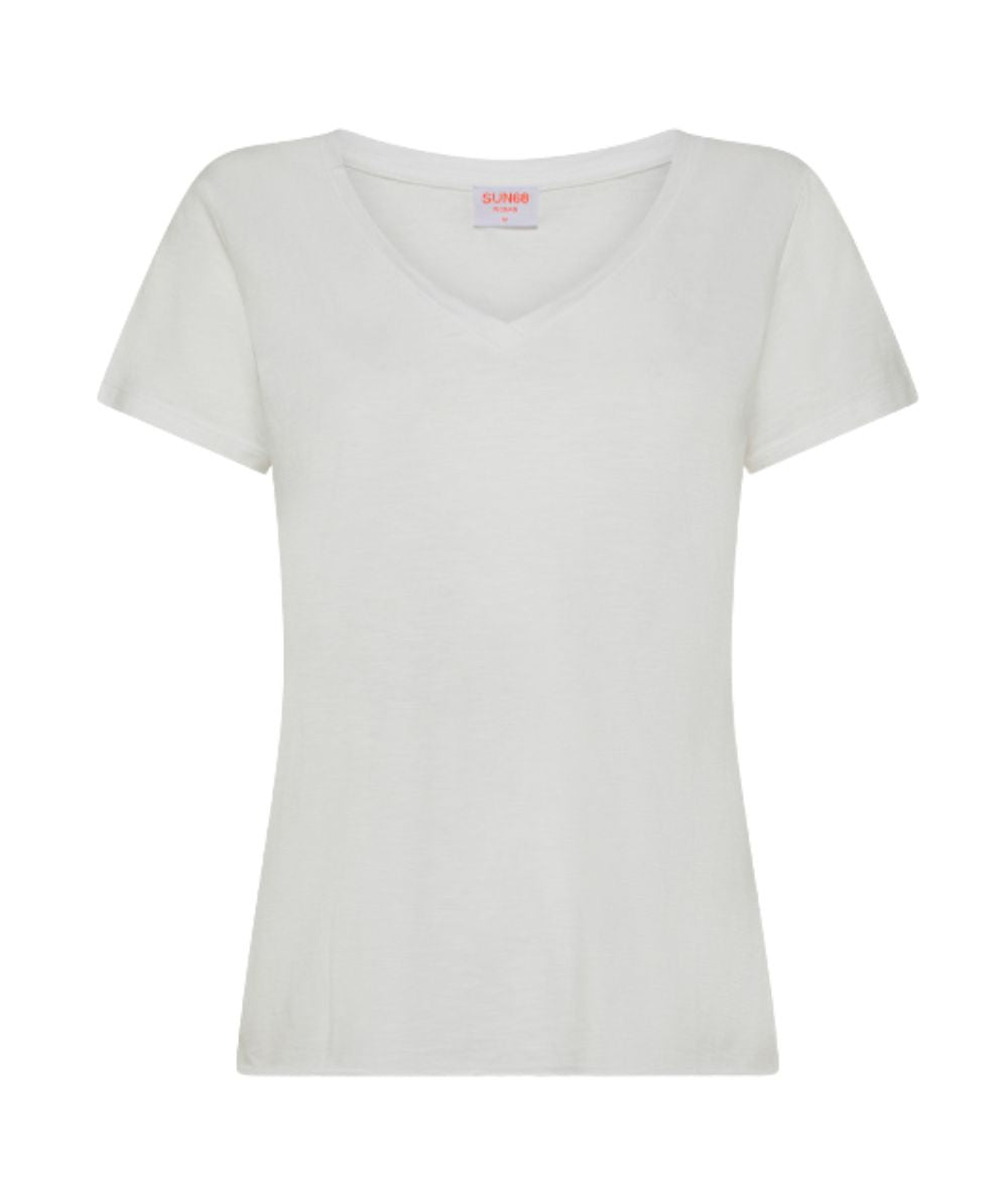 Sun68 T-shirt Scollo a V in Cotone T35240 Bianco Panna