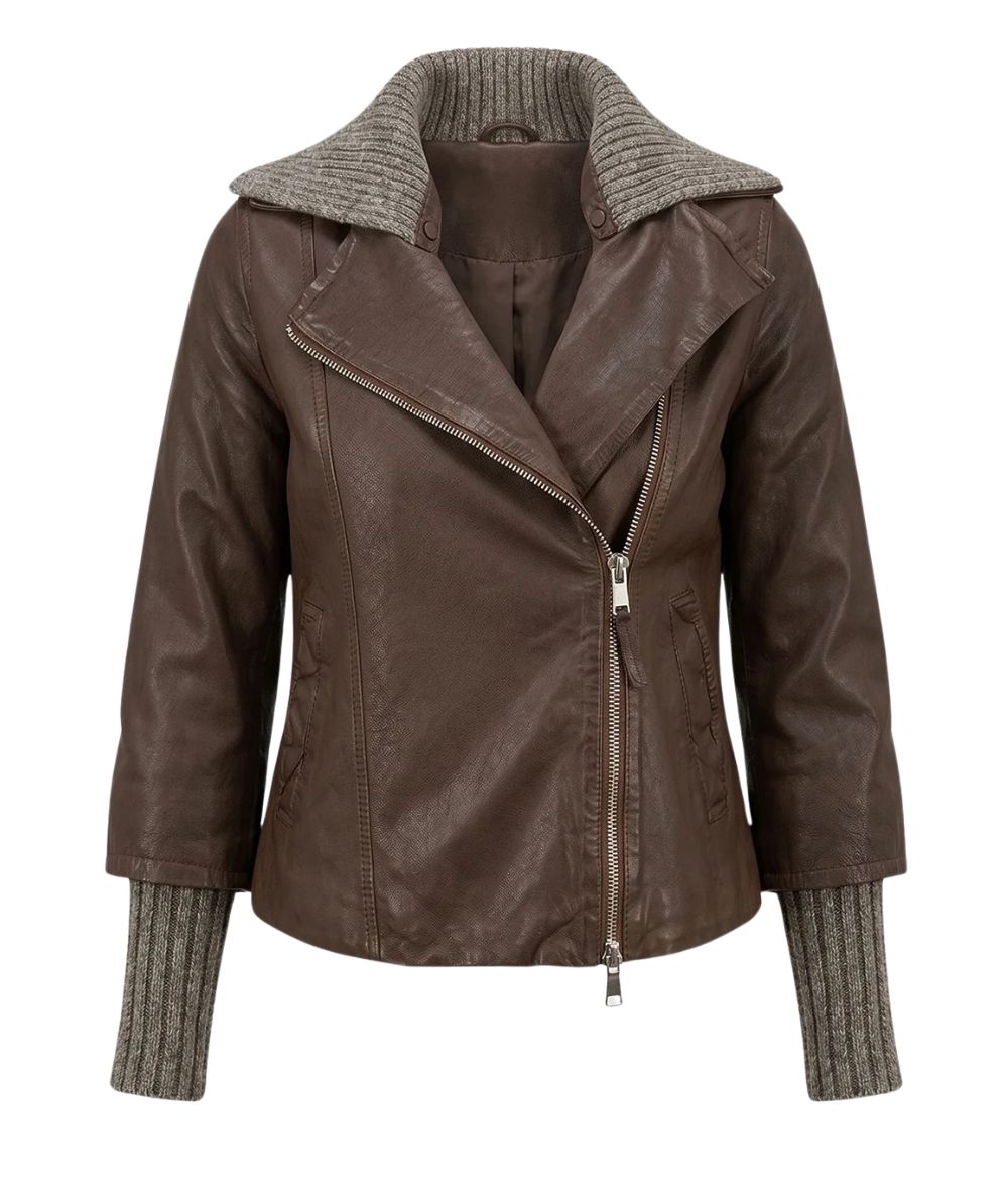 The Jackie Leather Chiodo con Dettagli in Maglia Gemini Marrone