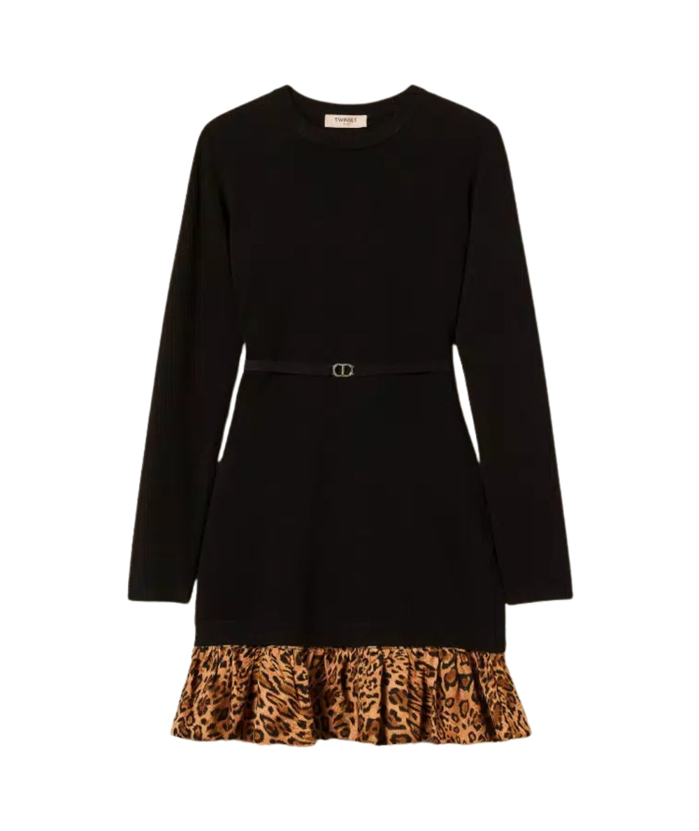 Twinset Abito in Viscosa Stretch con Balza Animalier 252TP3153 Nero