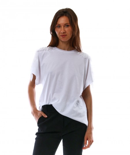 TWINSET WHITE T-SHIRT WITH LACE DETAILS ON THE SHOULDERS 211TT2220