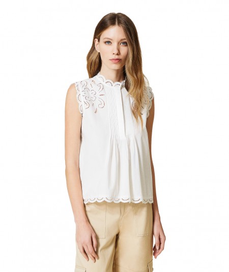 TWINSET MUSLIN TOP WITH HEMSTITCH EMBROIDERY 221TP2731 WHITE