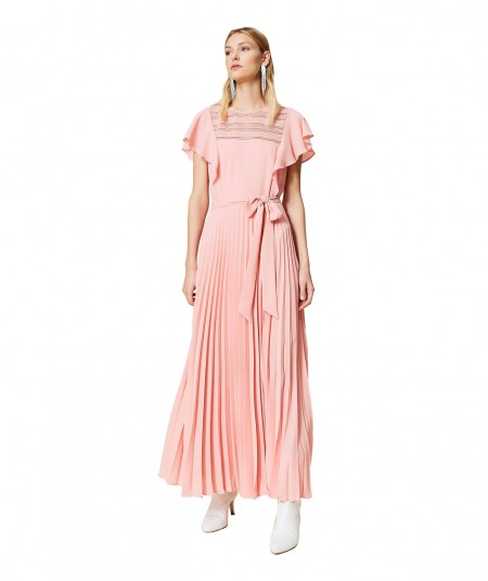 TWINSET LONG DRESS WITH PLISSÈ AND LACE 221TP2670 PINK PEACH