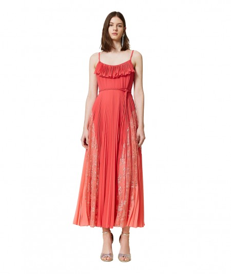 TWINSET LONG DRESS WITH LACE AND THIN SHOULDER STRAPS 221TT2477 CORAL
