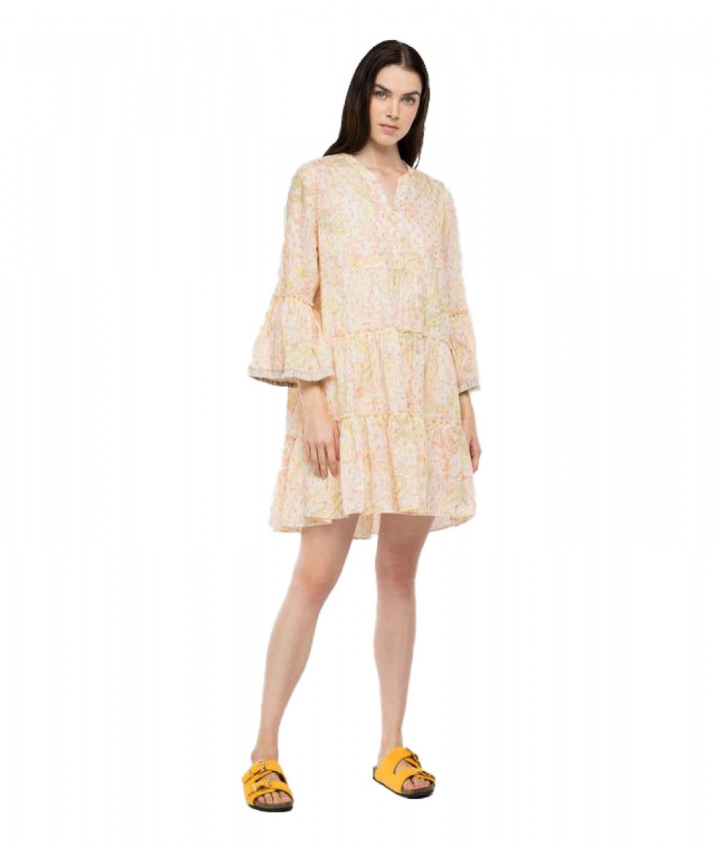 REPLAY FLOUNCED DRESS IN FIL COUPE' W9730.000.73630 MULTICOLOUR