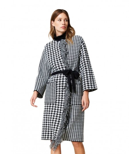 TWINSET JACQUARD KNIT COAT WITH HOUNDSTOOTH PATTERN 222TT3150 BLACK WHITE