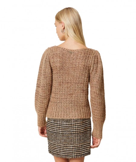 Wool and lurex blend jumper with Oval T Woman, Brown