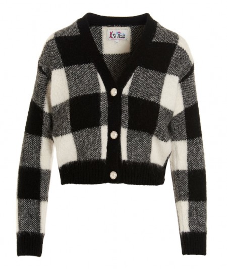 MC2 SAINT BARTH CHECK CARDIGAN WITH JEWELLED BUTTONS MEGEVE BLACK WHITE