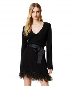 TWINSET SHORT DRESS WITH FEATHERS 222TP3041 BLACK