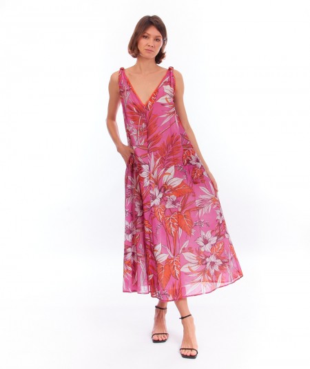 SHIRTAPORTER DRESS WITH HIBISCUS PRINT KNOTS DR3020VOILE PINK