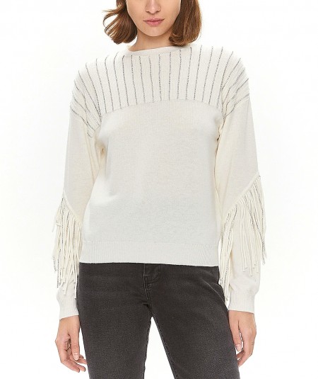 PINKO PULLOVER WITH FRINGE AND STRASS LIBELLULA WHITE
