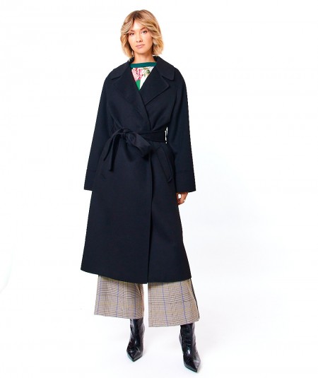 KAOS FASHION WOOL BLEND CLOTH LONG COAT WITH BELT PI1NT006 BLACK