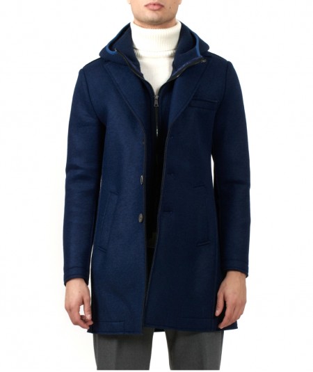 BOB WOOL BLEND SINGLE BREASTED MIDI COAT WITH REMOVABLE HOOD ANDY164TR/T164 BLUE