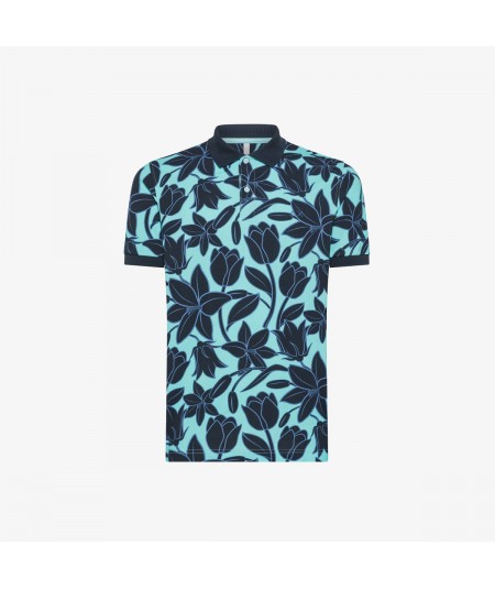 SUN68 POLO SHIRT WITH FLOWER PRINT A34131 WATER NAVY BLUE