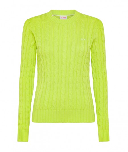 SUN68 ROUND NECK CABLE KNIT K34218 LIME