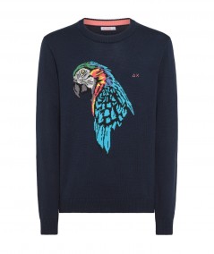 SUN68 CREW-NECK SWEATER WITH PARROT INLAY K34135 NAVY BLUE