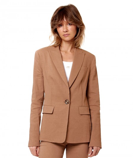 PINKO SINGLE-BREASTED JACKET IN STRETCH LINEN GHERA BROWN
