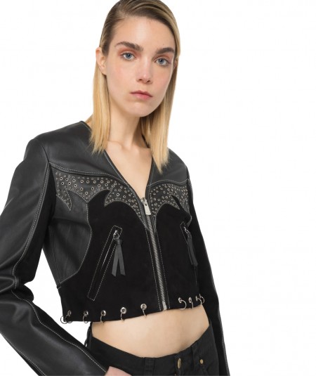 PINKO CROPPED BIKER JACKET WITH PIERCINGS AND STUDS GOTHIKA BLACK