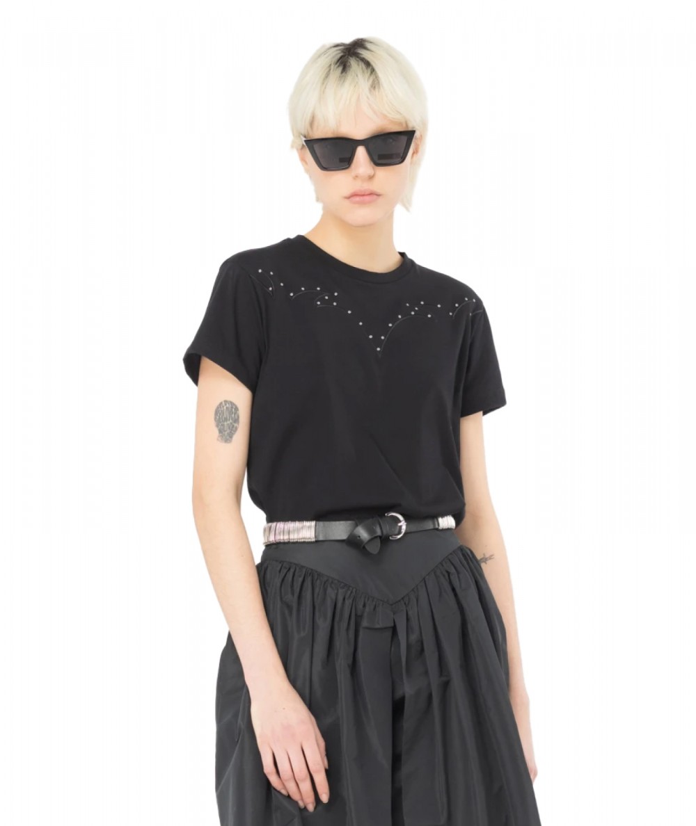 PINKO T-SHIRT WITH TRIBAL RODEO-STYLE EMBROIDERY VANILLA SKY BLACK