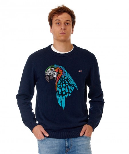 SUN68 CREW-NECK SWEATER WITH PARROT INLAY K34135 NAVY BLUE