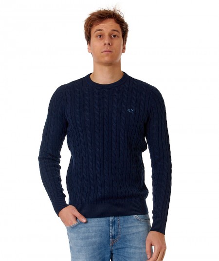 SUN68 ROUND CABLE KNIT K34115 NAVY BLUE