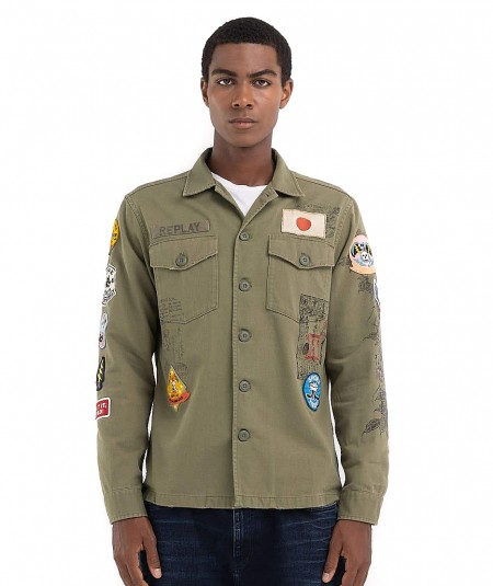 REPLAY JACKET COTTON SATIN WITH POCKETS AND PATCHES M8825P.000.84024 MILITARY GREEN