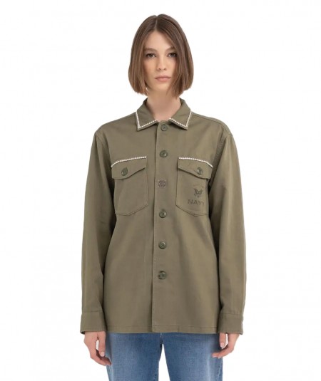 REPLAY OVERSHIRT CON STRASS W2091.000.84504P VERDE MILITARE