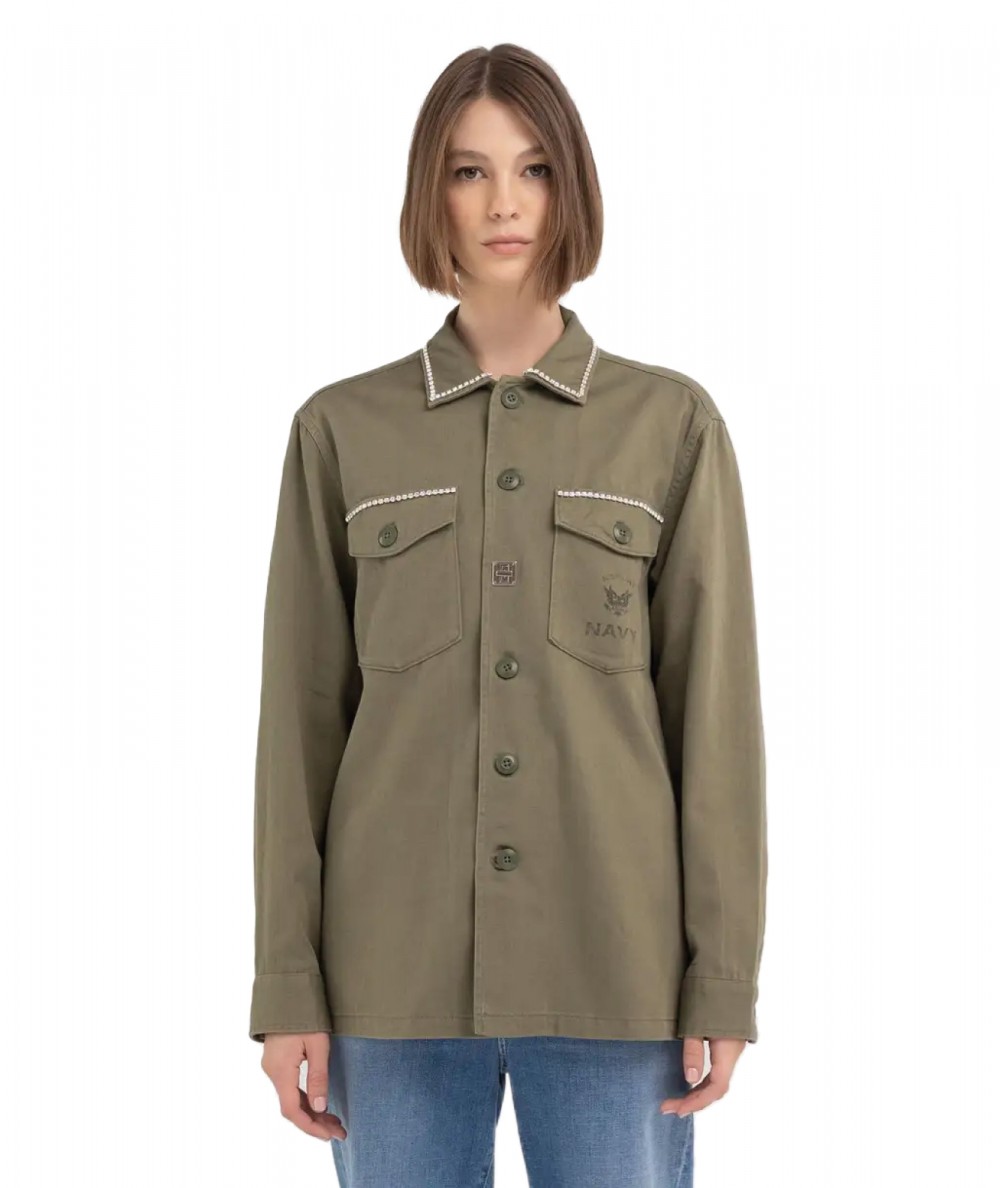 REPLAY OVERSHIRT WITH STRASS W2091.000.84504P MILITARY GREEN