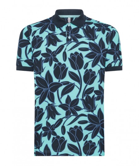 SUN68 POLO SHIRT WITH FLOWER PRINT A34131 WATER NAVY BLUE