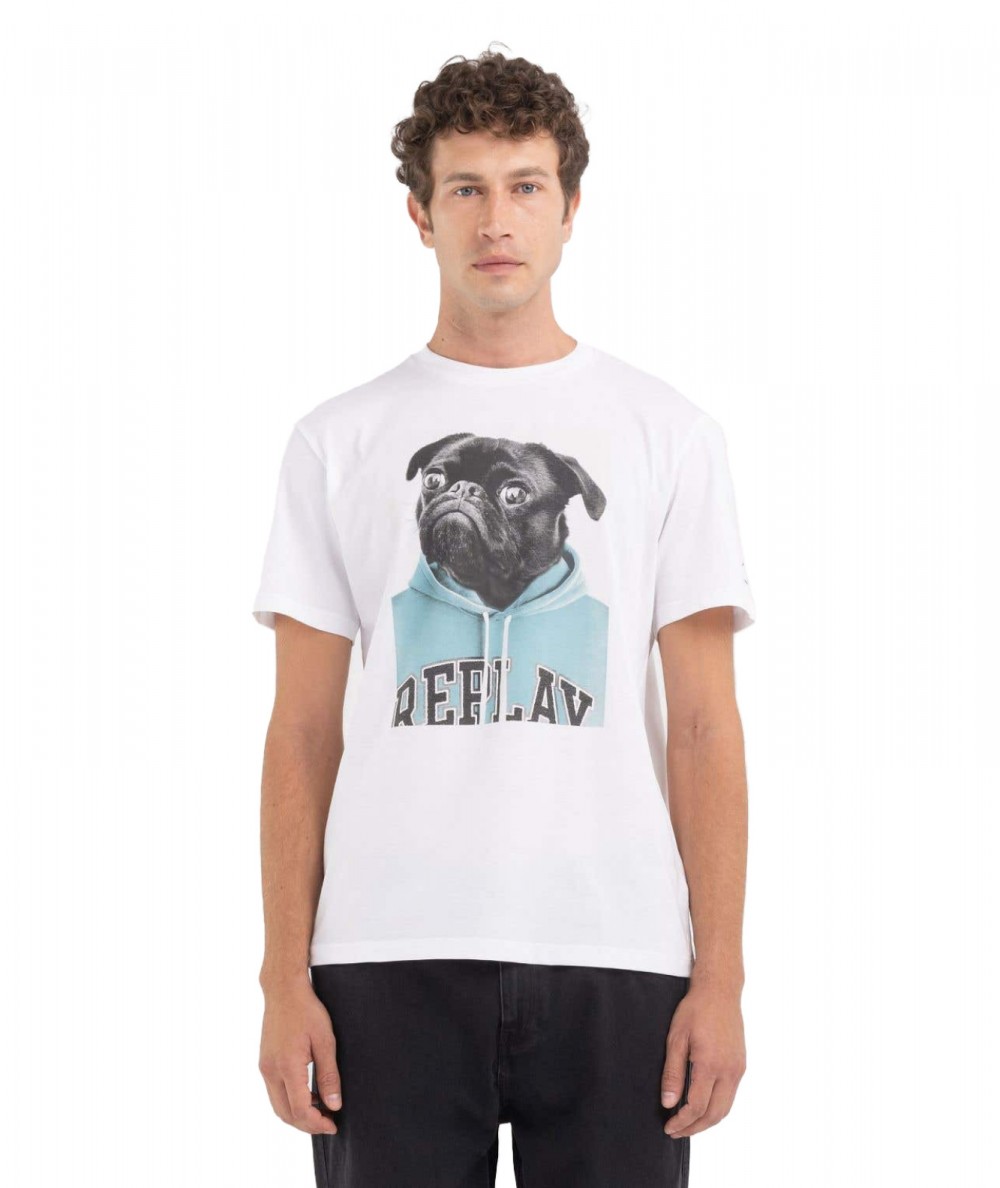 REPLAY CREW-NECK T-SHIRT WITH PUG PRINT M6808.000.22662 WHITE