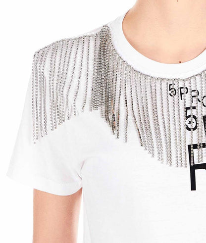 5 PROGRESS T-SHIRT CON FRANGE SWAROVSKY 1091 BIANCO