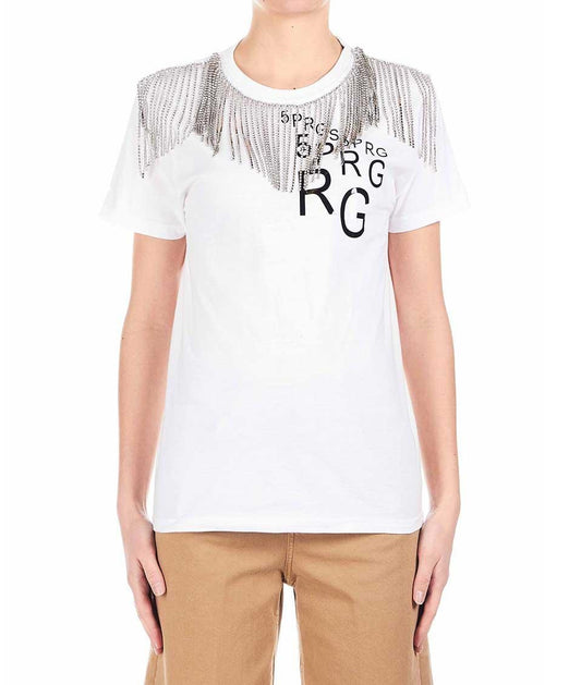 5 PROGRESS T-SHIRT CON FRANGE SWAROVSKY 1091 BIANCO