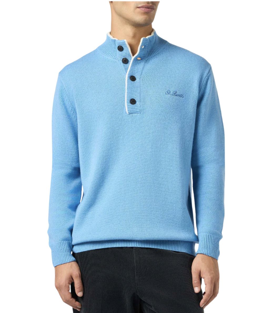 MC2 SAINT BARTH MAGLIONE A COLLO ALTO CON ABBOTTONATURA DORIAN AZZURRO